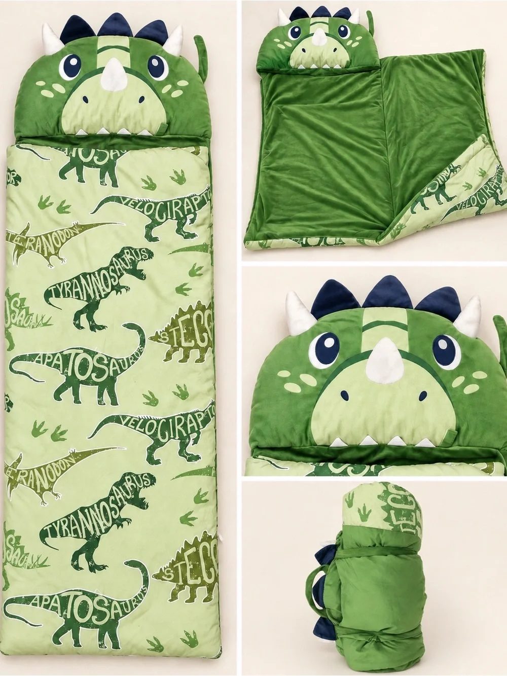 Kids Dinosaur Nap Mat Sleeping Bag w/ Attached Pillow Velcro Closure